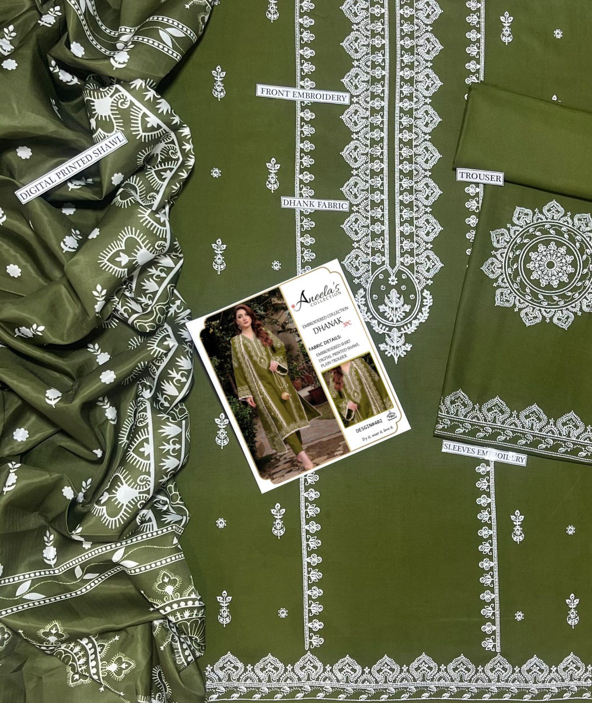 3PC EMB DHANAK [ANEELA'S OLIVE GREEN]