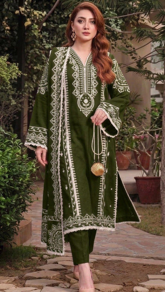 3PC EMB DHANAK [ANEELA'S OLIVE GREEN]