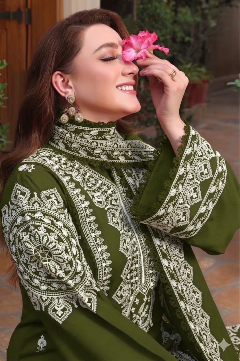 3PC EMB DHANAK [ANEELA'S OLIVE GREEN]