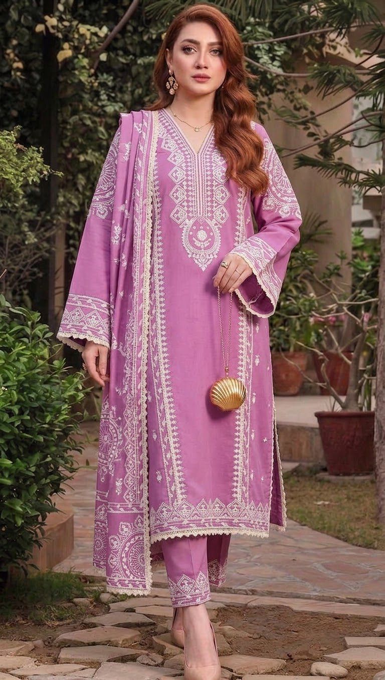3PC EMB DHANAK [ANEELA'S  LIGHT PURPLE]