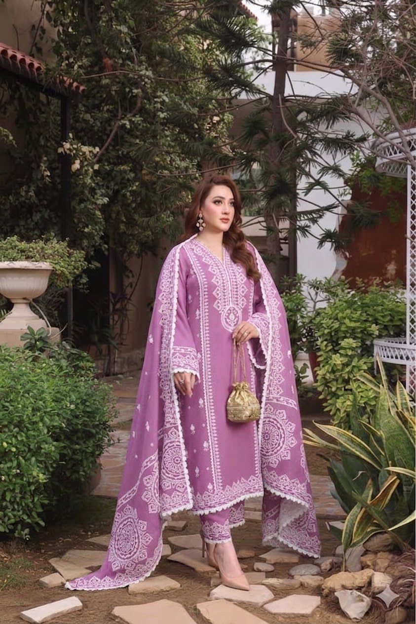 3PC EMB DHANAK [ANEELA'S  LIGHT PURPLE]