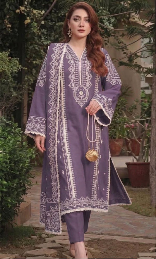 3PC EMB DHANAK [ANEELA'S  PURPLE]