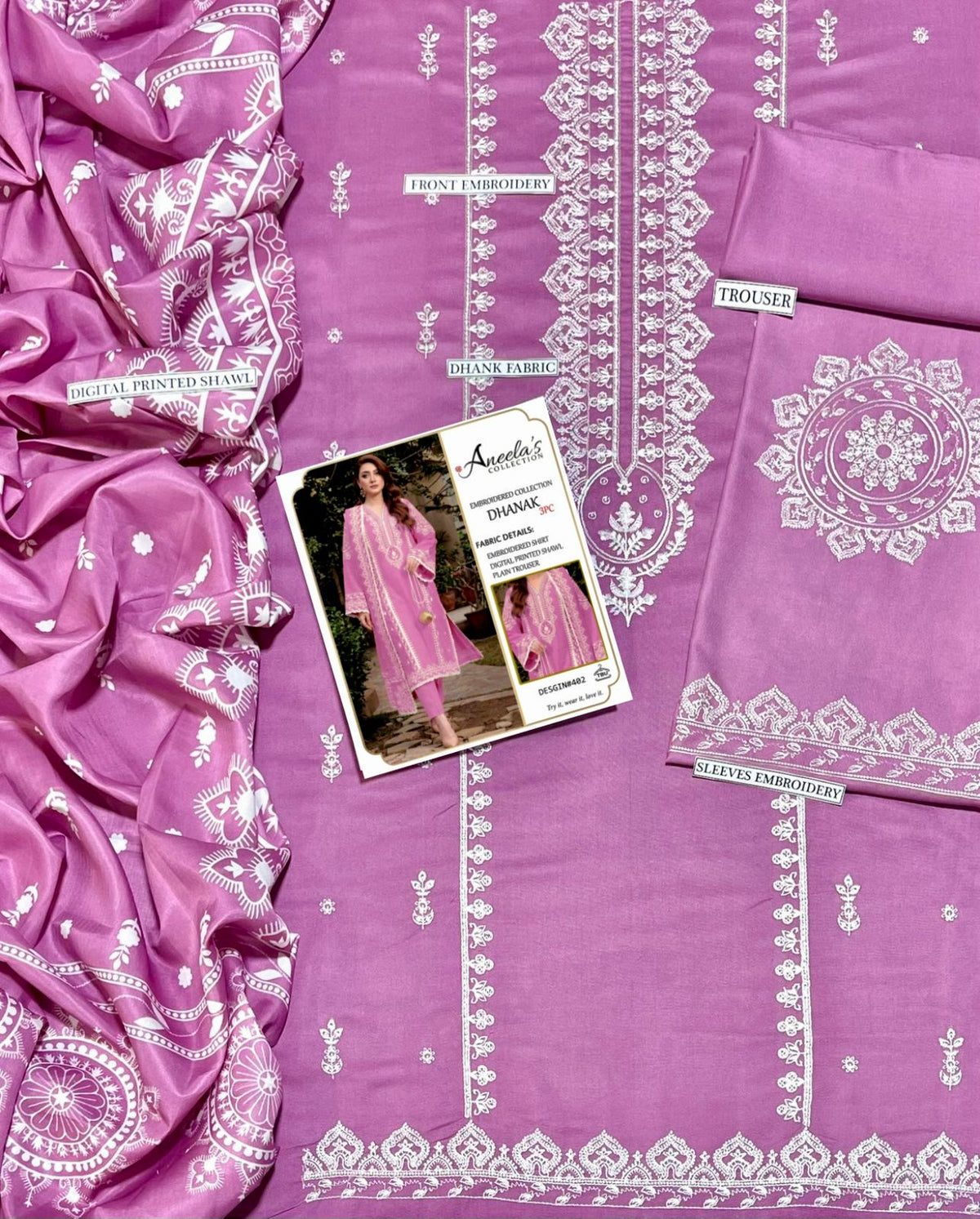 3PC EMB DHANAK [ANEELA'S  LIGHT PURPLE]