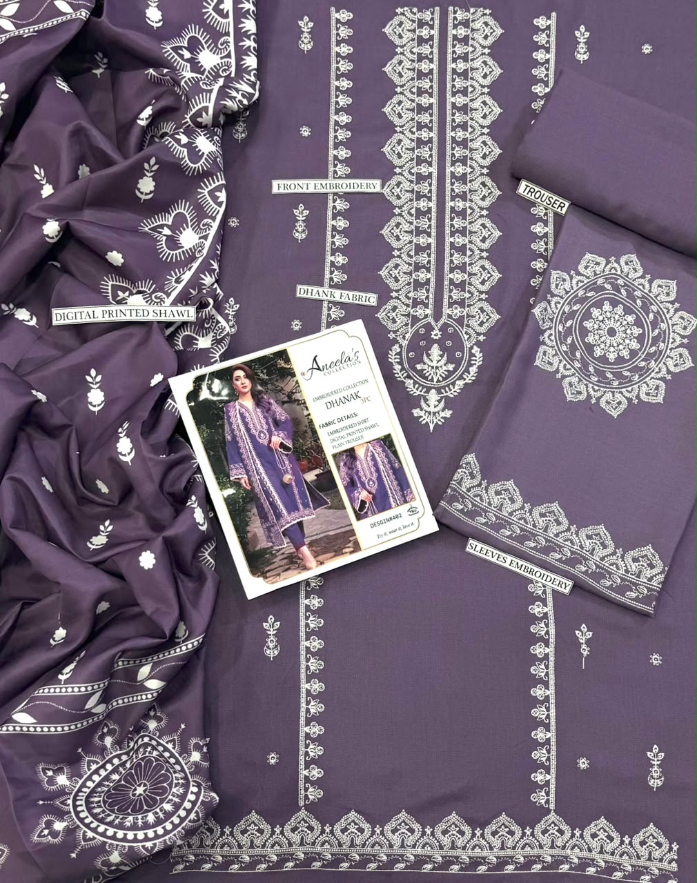 3PC EMB DHANAK [ANEELA'S  PURPLE]