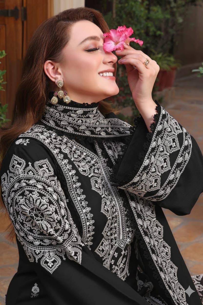 3PC EMB DHANAK [ANEELA'S  BLACK]
