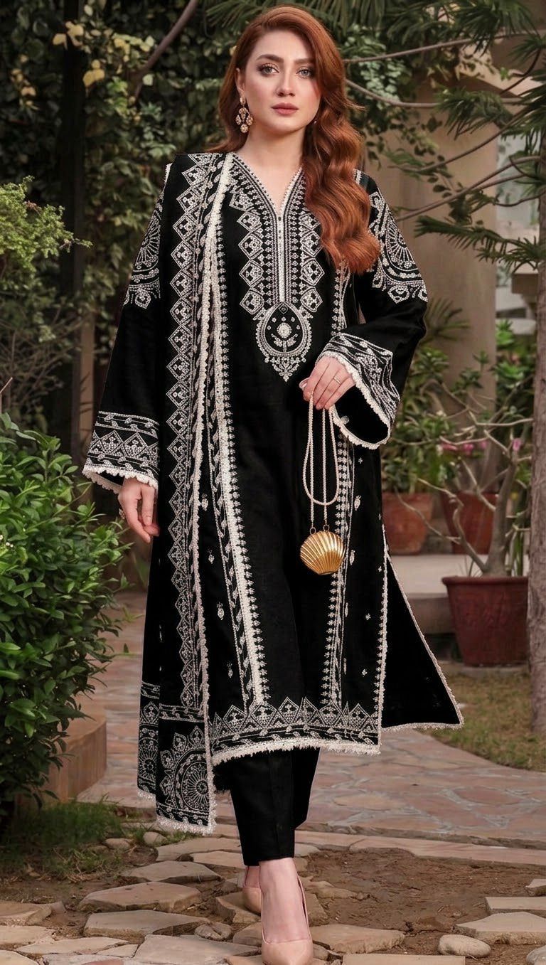 3PC EMB DHANAK [ANEELA'S  BLACK]