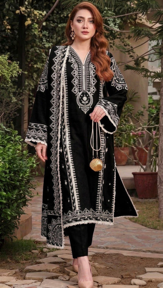 3PC EMB DHANAK [ANEELA'S  BLACK]