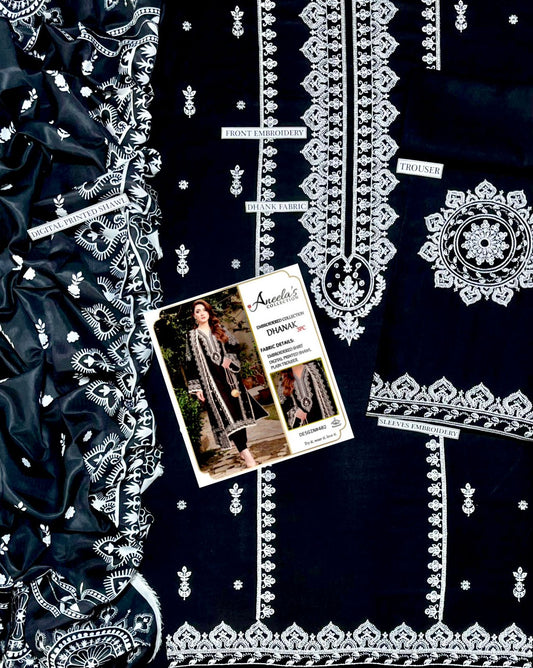 3PC EMB DHANAK [ANEELA'S  BLACK]