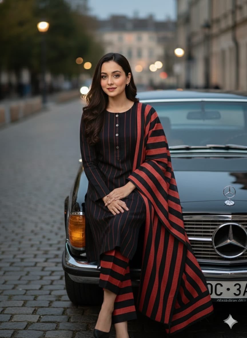 3pc Multani Khaddi | MEHROON BLACK