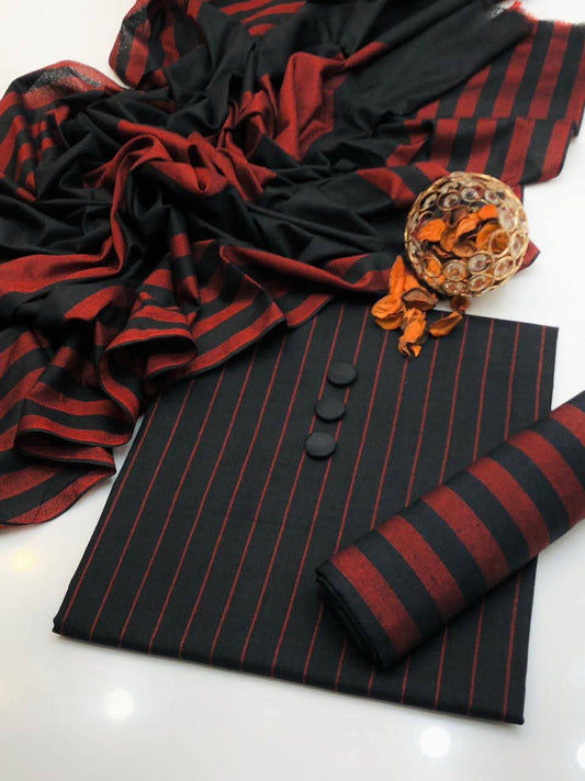 3pc Multani Khaddi | MEHROON BLACK