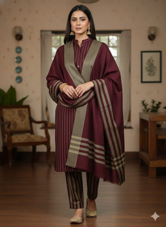 3pc Multani Khaddi | MEHROON